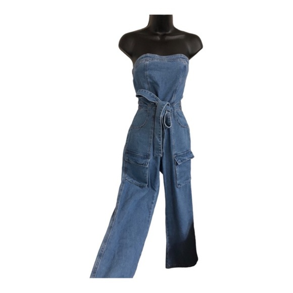 Sincerely Jules strapless blue jeans belted cargo pant style denim jumpsuit szXS - Picture 1 of 14